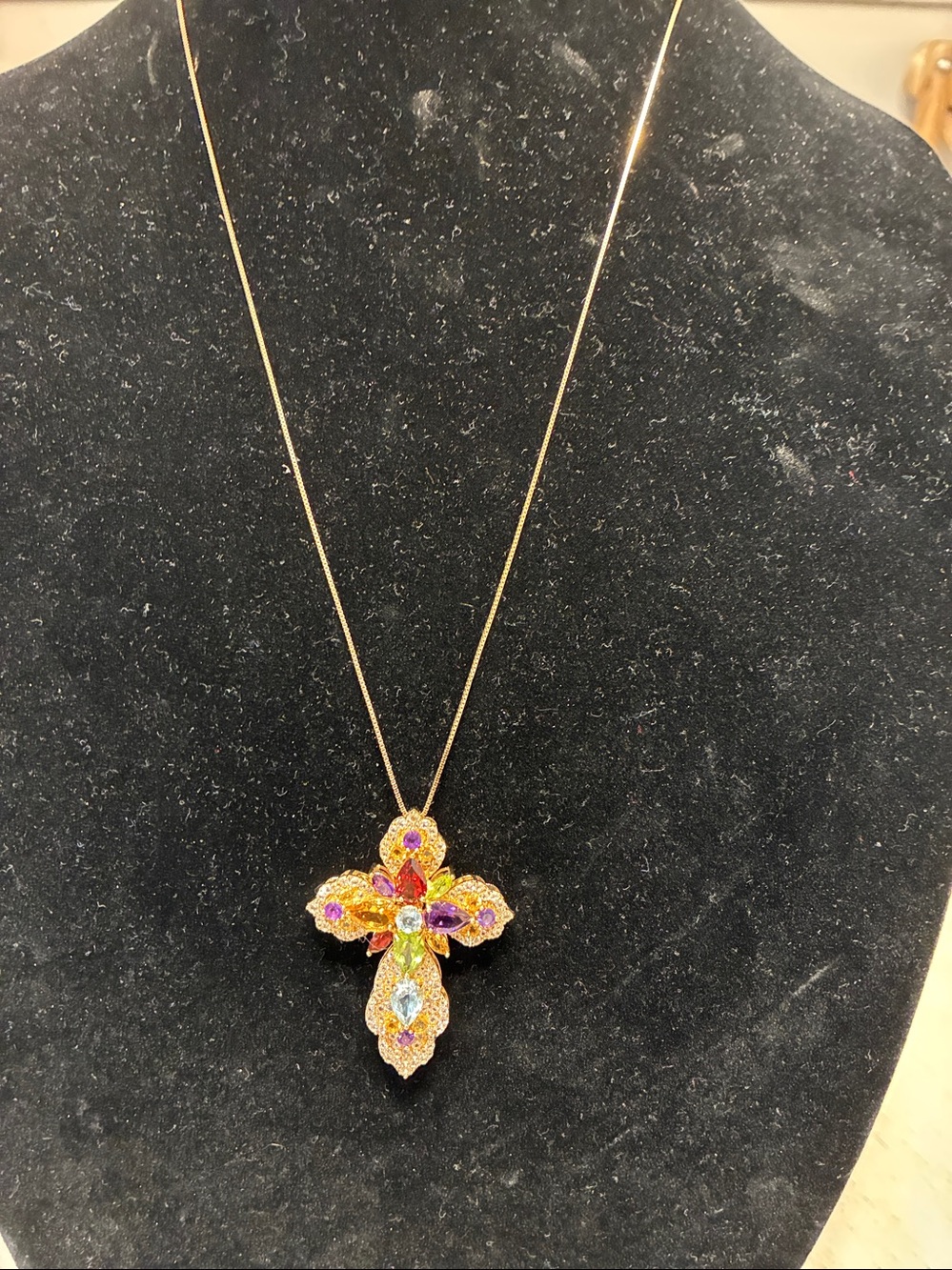 Gold-Tone Multi-Stone Cross Pendant Necklace - Women Jewelry